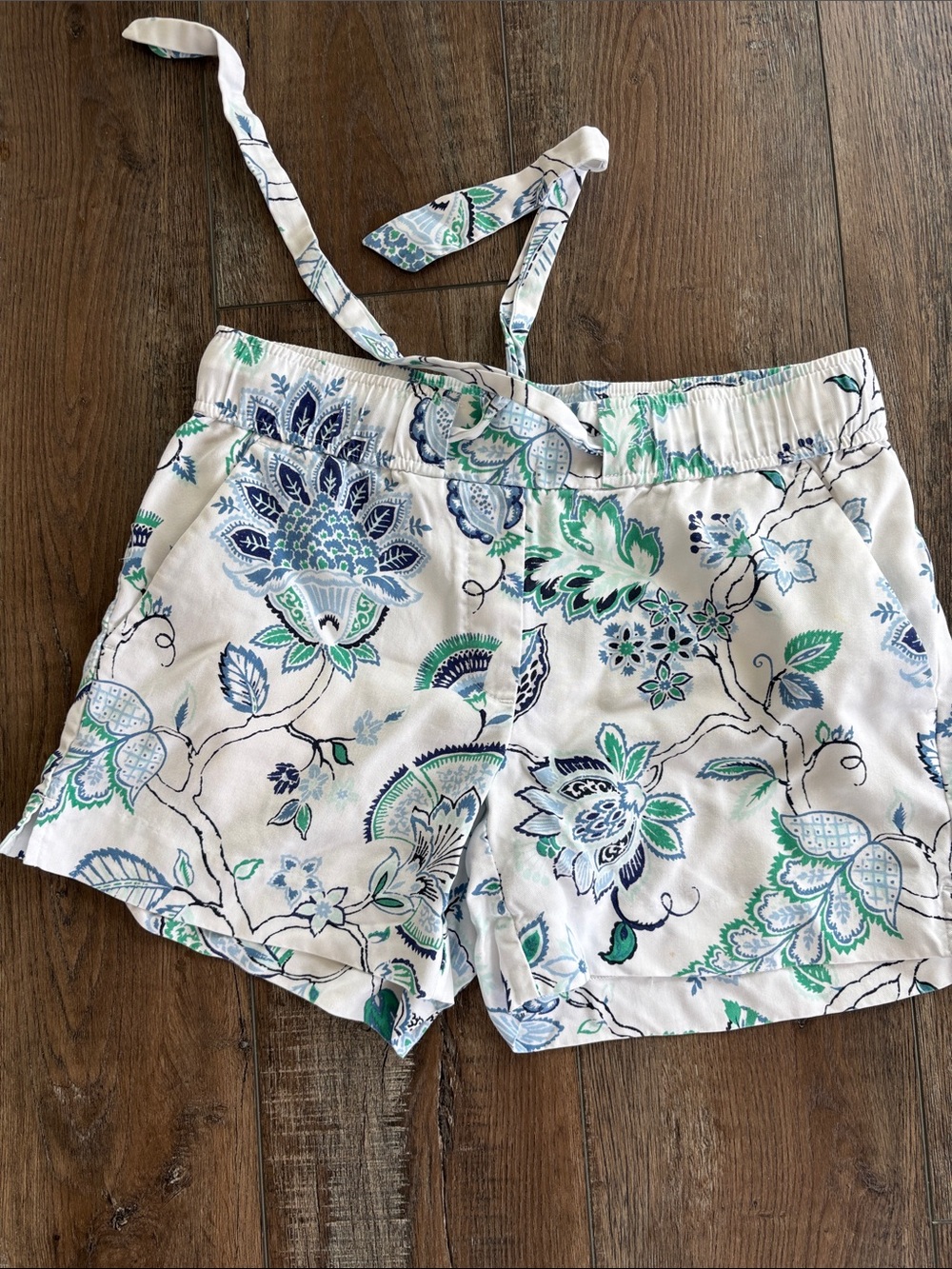 Women's White Floral Shorts with Blue & Green Print